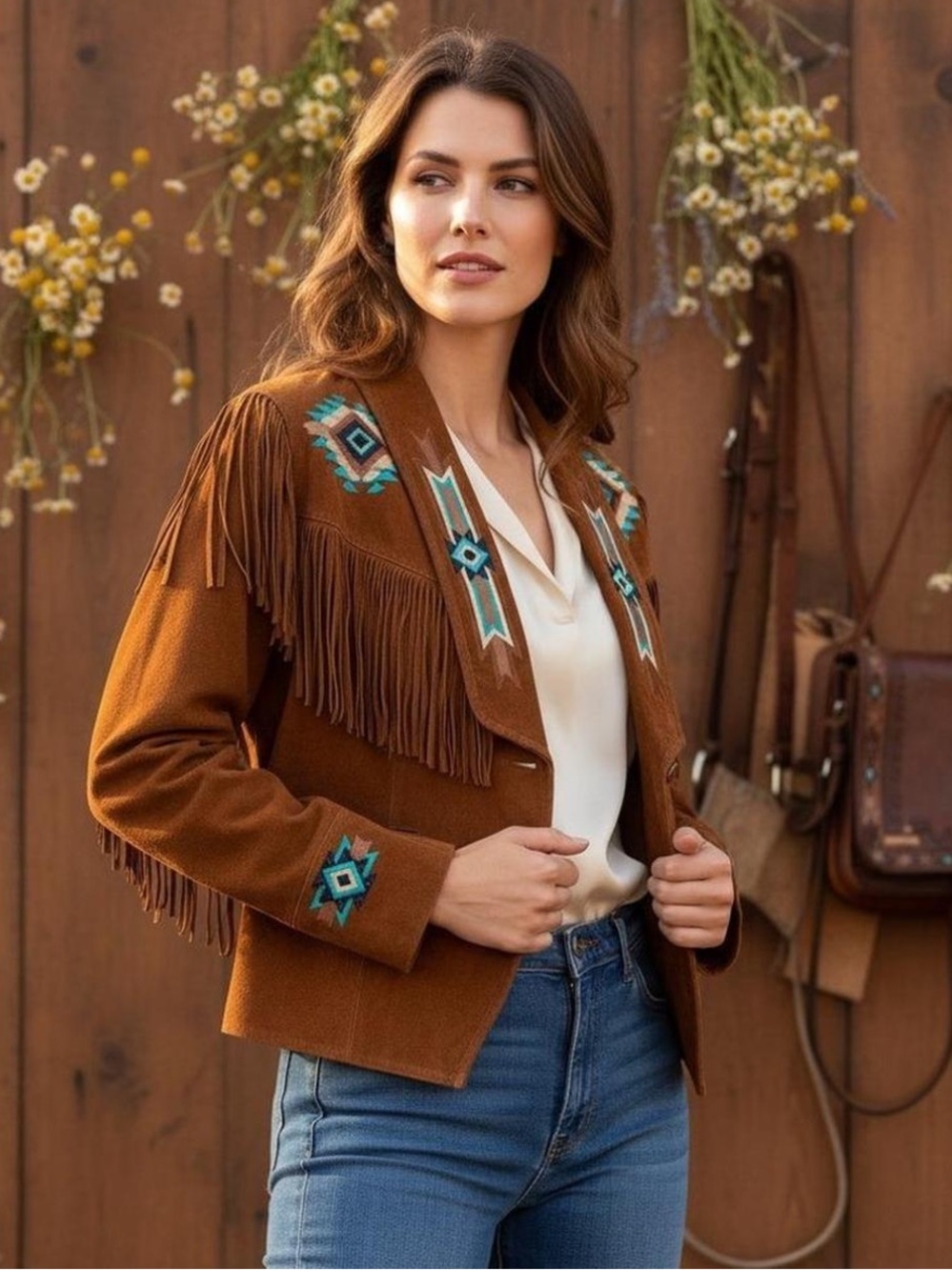 Cripple Creek Western Fringe Suede Embroidered Brown & Turquoise Jacket